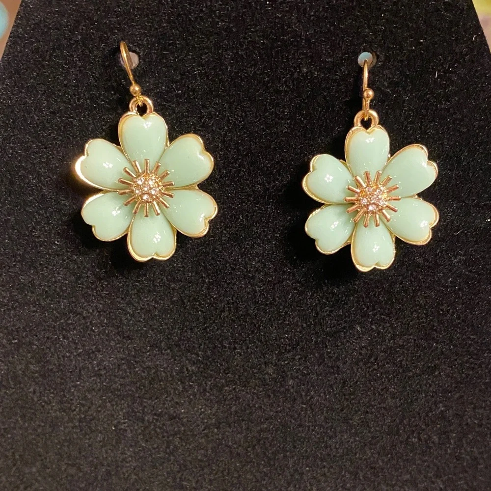 Anna & Ava Mint Green Floral Drop Earrings Gold Tone Rhinestone Enamel Blossom